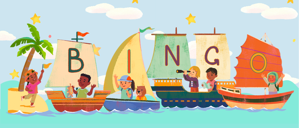 Children on boats that the sails spell out BINGO.