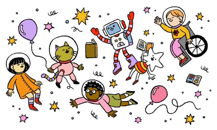 Illustration of diverse children and a robot floating in space with stars, a balloon, and books around them