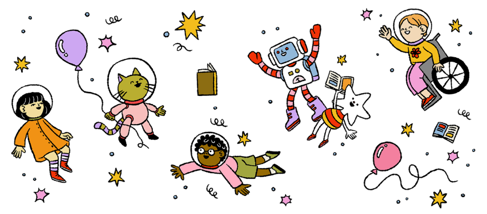 Children and a robot floating with books, stars, and balloons.