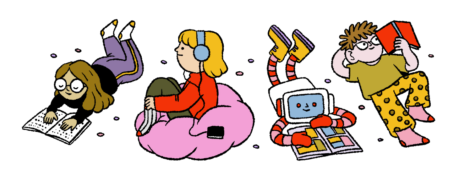 Cartoon characters in various reading poses, including a robot with a tablet.