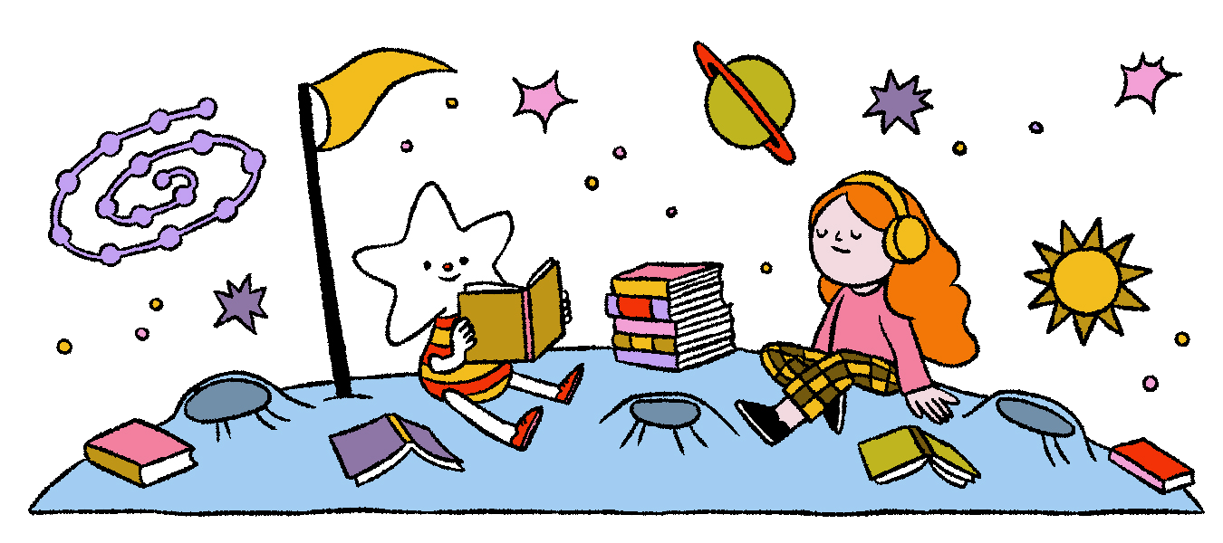 A star and a cartoon reading books on the moon with colorful planets and stars around them.