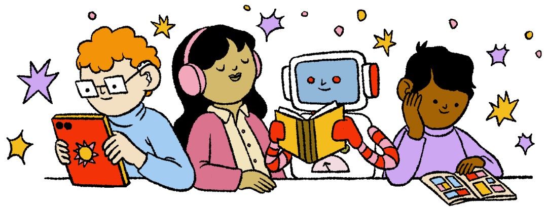 Three children and a robot reading books together with stars around them.