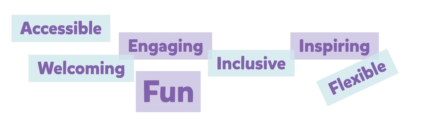 Coloured words: Accessible, Engaging, Inclusive, Inspiring, Welcoming, Fun, Flexible